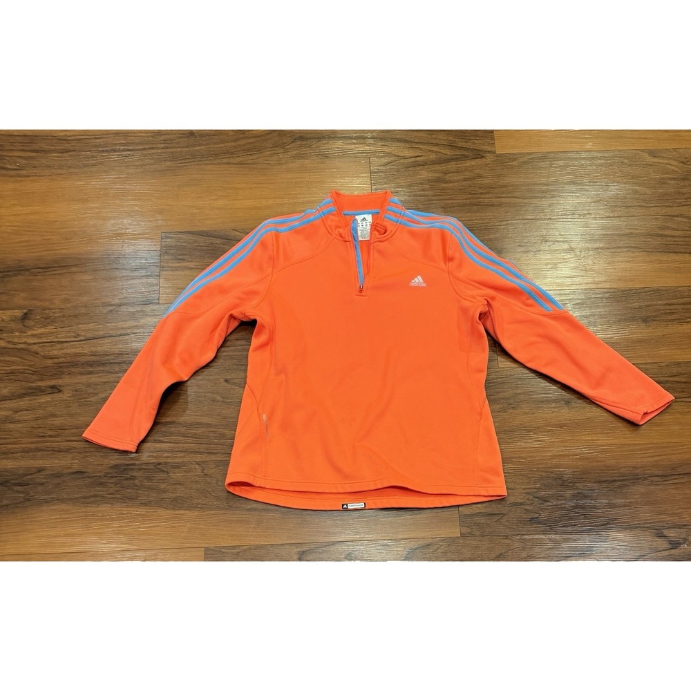 adidas Women’s Orange Quarter-Zip Pullover with Blue Shoulder Stripes